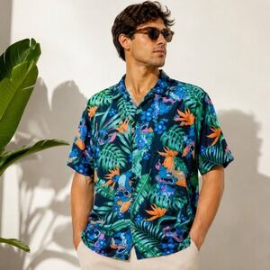 Disney Stitch Mens Large Hawaiian Shirt Navy Blue Tropical Surfing Rayon‎ Button